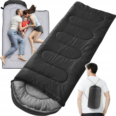 Sac de dormit pentru camping, drumetii, 2 in 1, impermeabil, poliester, 210 x 75 cm, negru, husa transport [10]