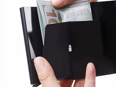 Portofel pentru barbati, protectie antifurt RFID, compact, piele ecologica, 10 x 6.5 x 2 cm, negru [9]