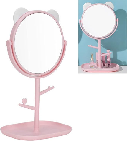 Oglinda cosmetica, model cu urechi, rotativa 360°, diametru 15 cm, plastic, suport pentru bijuterii, 30 x 16.5 cm, alb/roz [7]