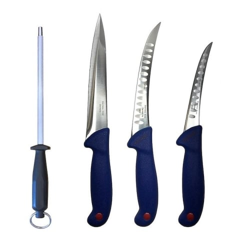 Cutite si tacamuri - Set profesional de macelarie, injunghiat, transat, dezosat, filetat, 3 cutite otel carbon, masat pentru ascutit