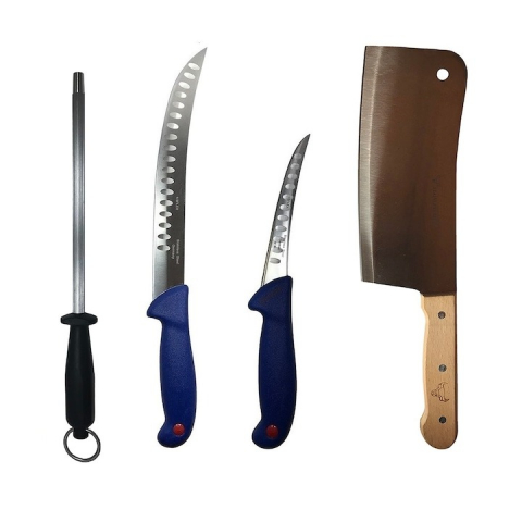 Cutite si tacamuri - Set profesional de macelarie, fasonat, transat, degresat, dezosat, 2 cutite, masat pentru ascutit, satar