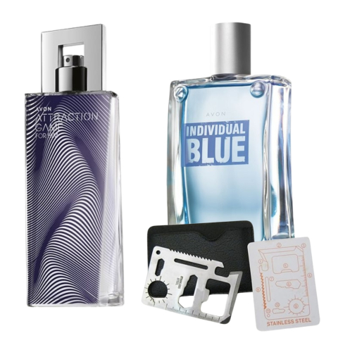 PARFUMURI & SETURI - Set apa de toaleta Attraction Game pentru El 75 ml, apa de toaleta Individual Blue 100 ml, card multifunctional de supravietuire, otel inoxidabil