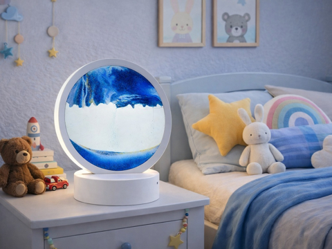 Lampa decorativa tip clepsidra cu efect 3D de nisip in miscare, LED, albastru, alimentare USB sau 3 baterii AA, baza alba, diametru 16 cm [12]