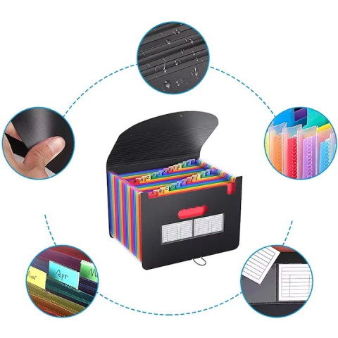 Mapa pentru documente A4 cu 25 compartimente, organizator portabil cu etichete multicolore, capacitate mare, polipropilena rezistenta, 24 x 33 x 3 cm, negru [5]