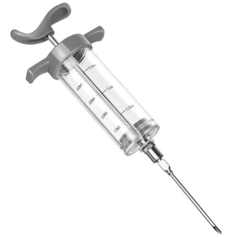 Diverse bucatarie - Seringa pentru injectare carne, 3 ace diferite, capacitate 50 ml, reutilizabila, gradata, plastic, otel inoxidabil, 7.7 x 23 x 3.5 cm, gri