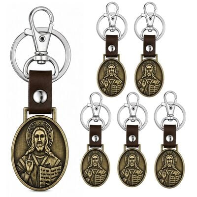 CASA & GRADINA - 6 brelocuri bronz antichizat 9,1 cm cu Iisus Hristos pe o fata si Maica Domnului cu Iisus Hristos pe cealalta fata, medalion 2 fete 2,7 x 2,7 cm, carabina 3,6 cm, inel 3 cm