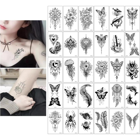 Set 30 tatuaje temporare, pe baza de apa, usor de aplicat, design floral, 10 x 6 cm, negru [3]