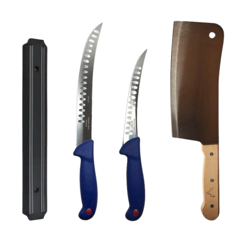 Cutite si tacamuri - Set profesional de macelarie, transat, degresat, dezosat, otel carbon, 2 cutite, suport magnetic, satar