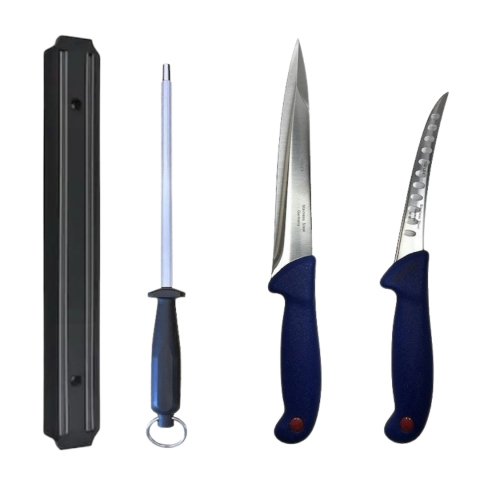 Cutite si tacamuri - Set profesional de macelarie, injunghiat, transat, filetat, dezosat, 2 cutite, suport magnetic, masat pentru ascutit
