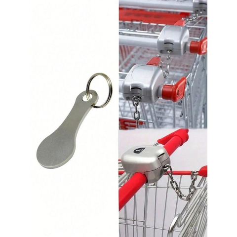 Breloc pentru deblocare carucior supermarket, din otel inoxidabil, compact si reutilizabil, 5.5 x 2.2 cm, argintiu [2]