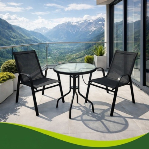 Set mobilier gradina, masa rotunda si 2 scaune, metal/sticla, pentru balcon, terasa, exterior, negru [11]