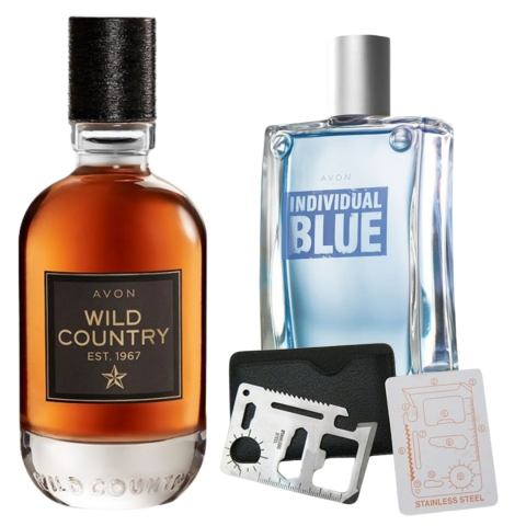 Set Ingrijire barbati - Set apa de toaleta Wild Country 75 ml, apa de toaleta Individual Blue 100 ml, card multifunctional de supravietuire, otel inoxidabil