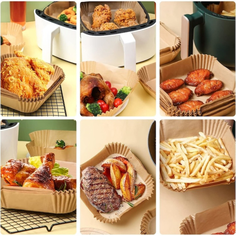 Set 100 hartii de copt pentru air fryer, cuptor, antiaderente, rezistenta pana la 220°C, patrate, 20 x 20 x 4.5 cm, maro [7]