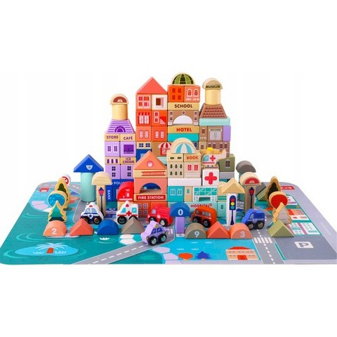 Alte jucarii copii - Set de constructie pentru copii, din lemn, 115 cuburi, 3 ani+, multicolor