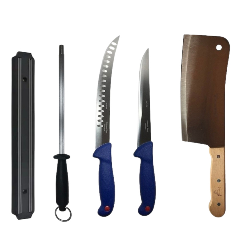 Cutite si tacamuri - Set profesional de macelarie, filetat transat, degresat, feliat, 2 cutite, satar, suport magnetic, masat pentru ascutit