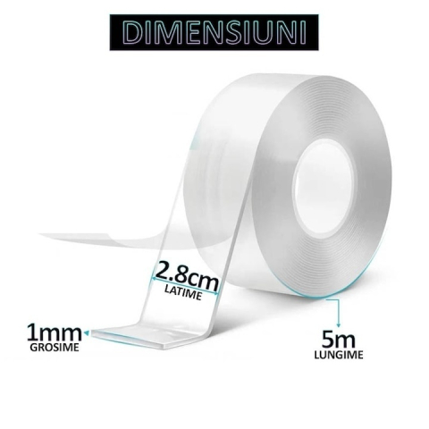 Set 6 benzi dublu adezive transparente, 5 metri pe rola, siliconice, flexibile, rezistente la apa, reutilizabile, nu lasa urme, aplicabile pe diverse suprafete [5]