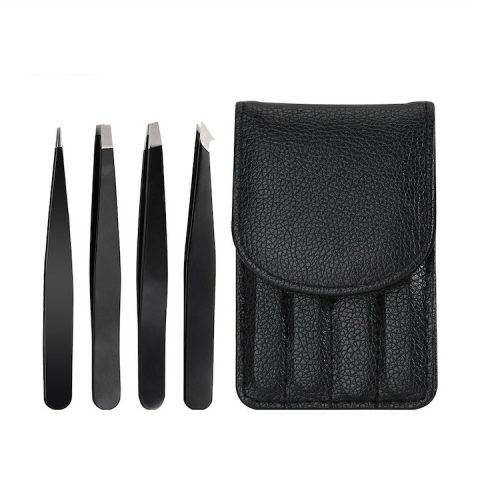 Ustensile îngrijire față - Set 4 pensete multifunctionale, diferite forme, pentru gene, sprancene, inox, husa din piele ecologica inclusa