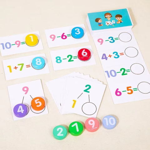 Joc educativ pentru copii, operatii matematice, adunare si scadere, cifre 1-10, lemn, 46 planse, multicolor, 16.3 x 11.5 x 3.7 cm [1]