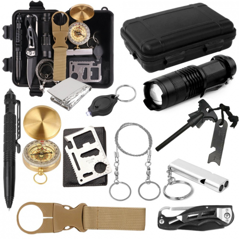 SPORT ȘI ACTIVITĂȚI - Kit de supravietuire, multifunctional,13 in1, ideal pentru pentru camping, drumetii, 11 x 16.5 x 5 cm, negru