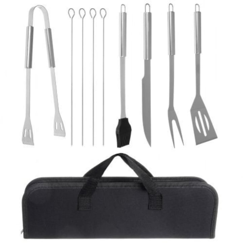 Set 9 ustensile pentru gratar, otel inoxidabil/silicon, husa depozitare inclusa, 38.5 x 11.5 x 5 cm, negru/argintiu [19]