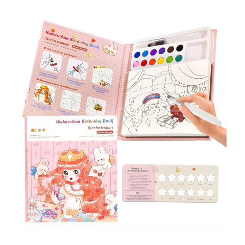 Carte de colorat cu acuarele pentru copii, model printesa, 12 culori, pensula cu apa, 20 foi carton, 15.7 x 18.8 x 1.8 cm, roz [8]