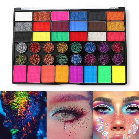 Paleta vopsea pentru fata si corp, 42 culori, fosforescente, non-toxic, activare cu apa, multicolor, 20 x 14 x 1.6 cm [10]