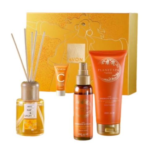 Cutii cadou femei - Cutie cadou Ultimate Joy Pack 4 produse - Spray pentru fata Planet Spa Energise 100 ml, Exfoliant de corp Planet Spa Energise 200 ml, Anew Vitamina C Maximising Serum 10 ml si Difuzor cu betisoare 70 ml, Avon
