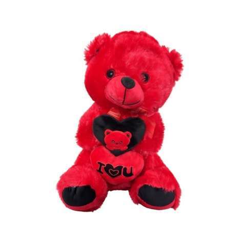 Jucarie de plus, ursulet cu inima, mesaj I Love You, material moale, decorativ, pentru copii, rosu, 30 x 18 cm [0]
