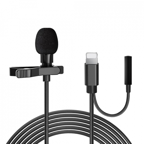 Microfoane - Microfon tip lavaliera, cu fir, Lightning - Jack 3.5 mm, lungime cablu 1.5 m, negru