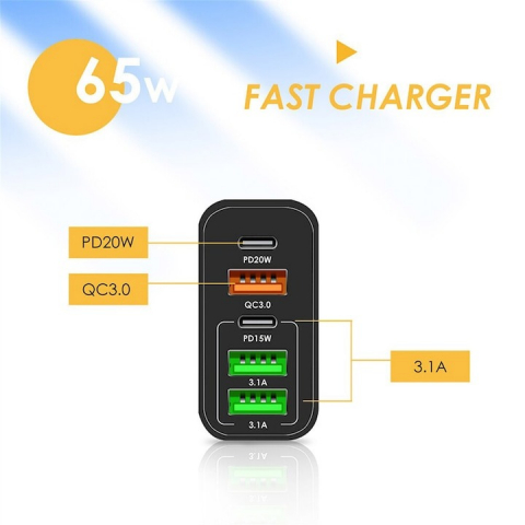 Incarcator cu 5 porturi, 2 x Type-C, 3 x USB, incarcare rapida, 65 W, universal, negru [3]