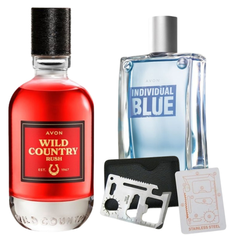 Set Ingrijire barbati - Set apa de toaleta Wild Country Rush 75 ml, apa de toaleta Individual Blue 100 ml, card multifunctional de supravietuire, otel inoxidabil