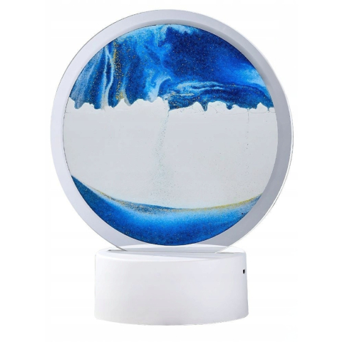 Uz casnic - Lampa decorativa tip clepsidra cu efect 3D de nisip in miscare, LED, albastru, alimentare USB sau 3 baterii AA, baza alba, diametru 16 cm