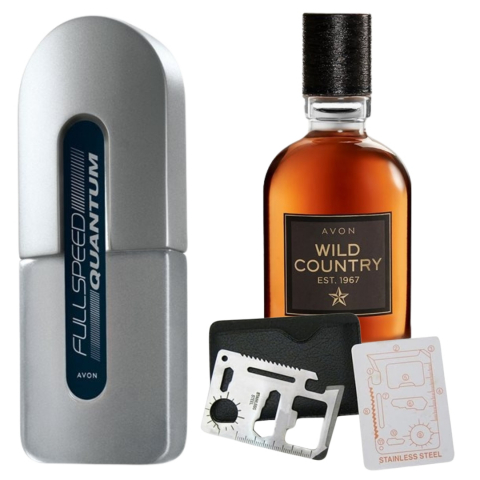 Set Ingrijire barbati - Set apa de toaleta Full Speed Quantum pentru El, 75 ml, apa de toaleta Wild Country 75 ml, card multifunctional de supravietuire, otel inoxidabil