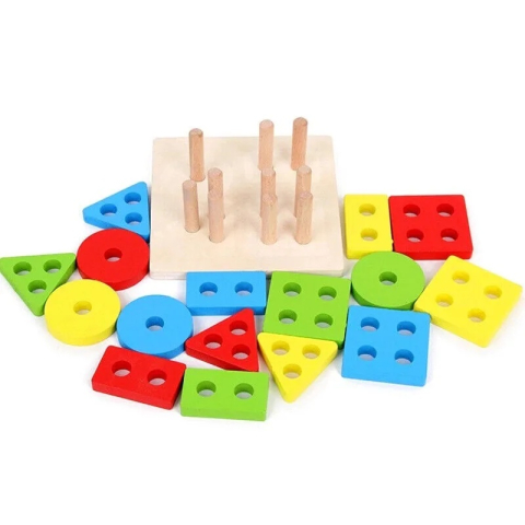 Jucarie educativa pentru copii, Montessori, sortare forme geometrice, 16 piese, 3+ ani, lemn, 12 x 12 x 5 cm, multicolor [14]