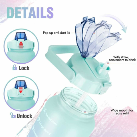 Set 3 sticle de apa, cu pai, 2000 ml / 900 ml / 300 ml, pentru sport, fara BPA, albastru/mov [7]