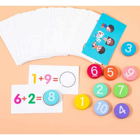 Joc educativ pentru copii, operatii matematice, adunare si scadere, cifre 1-10, lemn, 46 planse, multicolor, 16.3 x 11.5 x 3.7 cm [11]