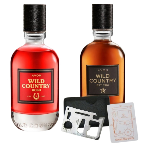 Set Ingrijire barbati - Set apa de toaleta Wild Country 75 ml, apa de toaleta Wild Country Rush 75 ml, card multifunctional de supravietuire, otel inoxidabil