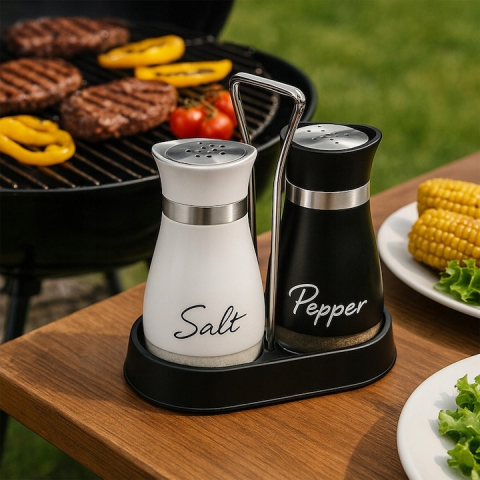 Set 2 recipiente pentru sare/piper, otel inoxidabil si sticla, 16 x 8 x 15 cm, alb/negru [5]