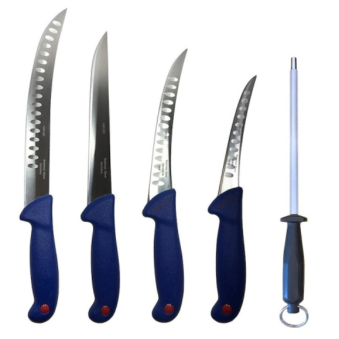 CASA & GRADINA - Set 4 cutite profesionale de macelarie, filetat, injunghiat, transat, dezosat, otel carbon, masat pentru ascutit