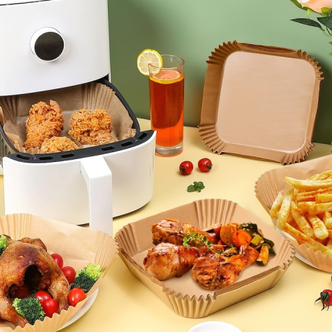 Set 100 hartii de copt pentru air fryer, cuptor, antiaderente, rezistenta pana la 220°C, patrate, 20 x 20 x 4.5 cm, maro [4]