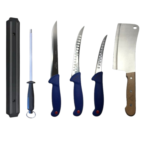 Cutite si tacamuri - Set profesional de macelarie, dezosat, injunghiat, transat, filetat, satar, masat pentru ascutit, suport magnetic, 3 cutite otel carbon