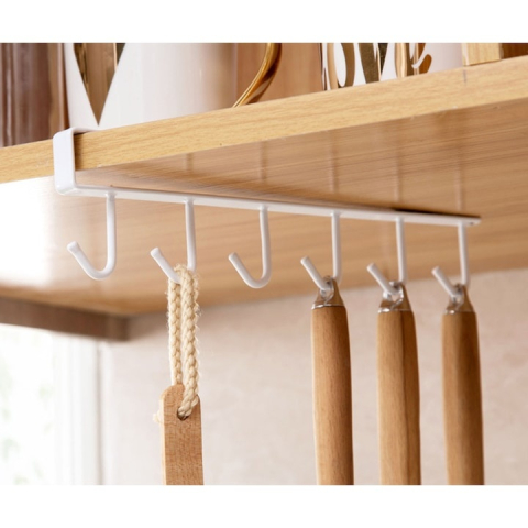 Suport pentru bucatarie, organizare ustensile, cani, 6 carlige, metal, prindere pe dulap, 26.5 x 4.5 cm, alb [3]