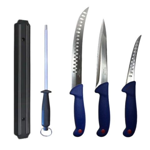 Cutite si tacamuri - Set profesional de macelarie, injunghiat, transat, dezosat, filetat, masat pentru ascutit, 3 cutite, suport magnetic