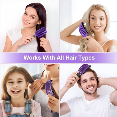 Perie de par, design curbat, peri de mistret/nylon, maner antiderapant, masaj pentru scalp, 24.5 x 6.5 cm, negru/mov [7]