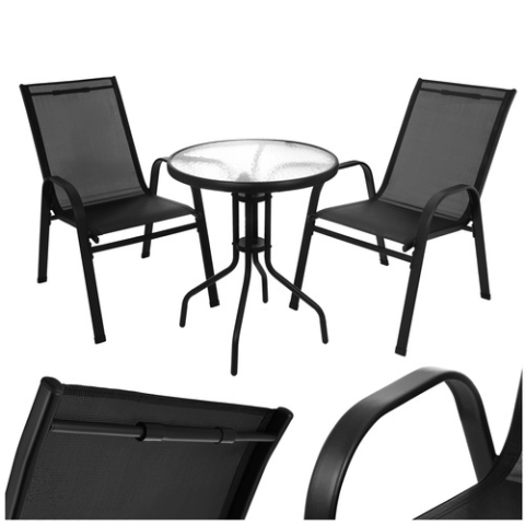 Set mobilier gradina, masa rotunda si 2 scaune, metal/sticla, pentru balcon, terasa, exterior, negru [5]
