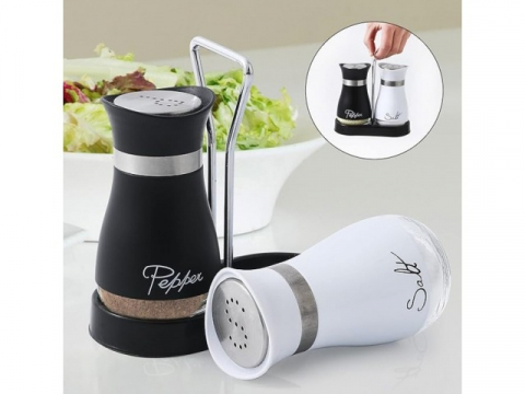 Set 2 recipiente pentru sare/piper, otel inoxidabil si sticla, 16 x 8 x 15 cm, alb/negru [2]