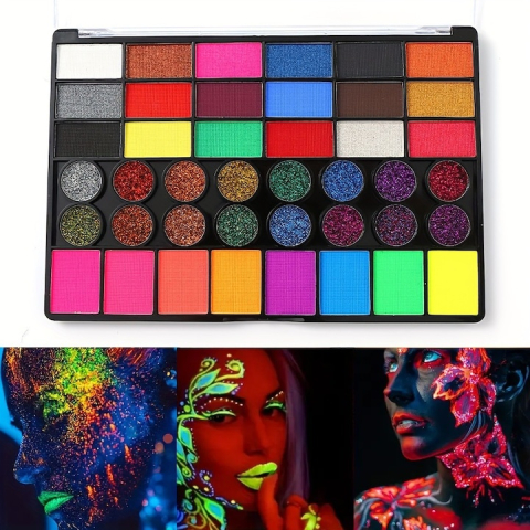 Paleta vopsea pentru fata si corp, 42 culori, fosforescente, non-toxic, activare cu apa, multicolor, 20 x 14 x 1.6 cm [6]