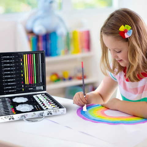 Set de pictura si desen pentru copii, 68 piese, valiza pentru depozitare, carte de colorat, ascutitoare, radiera, markere, pensule, creioane, palete pentru amestecarea culorilor, acuarele, multicolor [2]