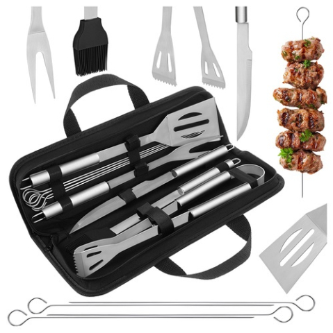 Diverse bucatarie - Set 9 ustensile pentru gratar, otel inoxidabil/silicon, husa depozitare inclusa, 38.5 x 11.5 x 5 cm, negru/argintiu