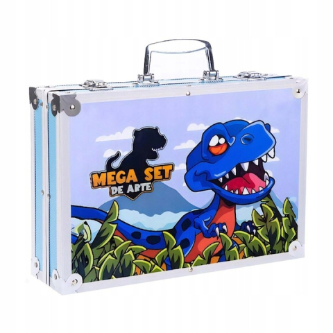 Set creativ de pictura si desen pentru copii, 145 piese, model dinozaur, 34 x 23 x 8 cm, albastru, valiza metalica pentru depozitare [7]